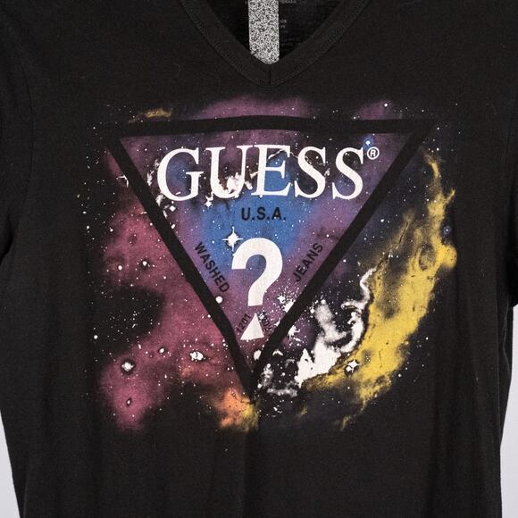 Guess USA 100% Cotton Triangle Logo Spellout V-Neck T-shirt LARGE Black Splatter - Picture 2 of 4